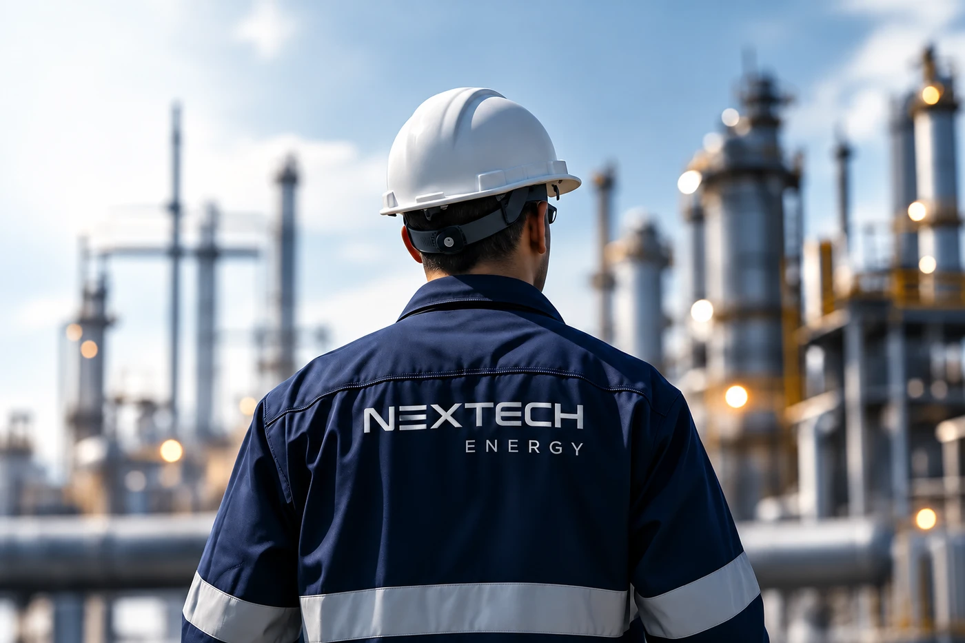 A Nextech engineer in branded coveralls looking across a refinery